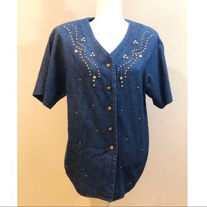 Vintage Denim Button Down Top with Gold Beading